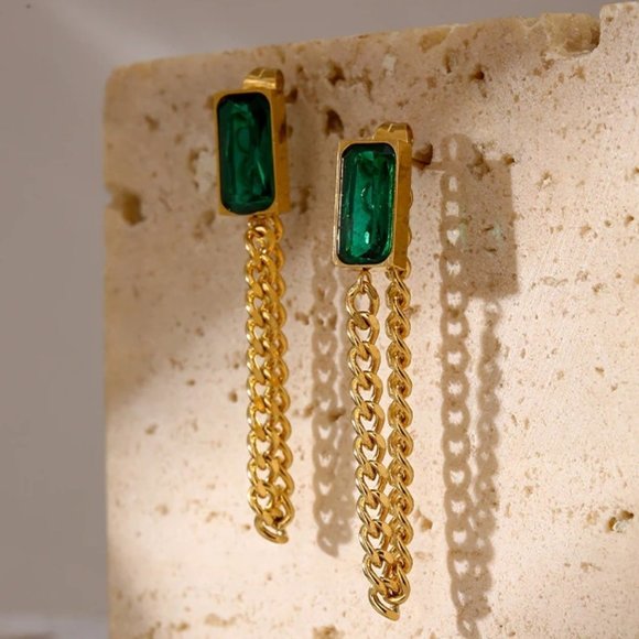 Jewelry - New 18K Gold Plated Green Crystal Chain Earrings